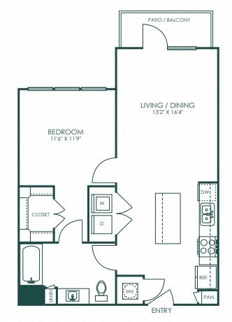 Floor plan for 1 bed, 1 bath, 711 sqft